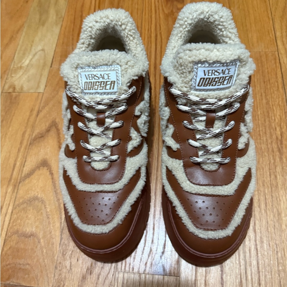 Versace Brown and Cream Retro Sneakers with Plush Lining